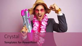  Presentation with hawaiian - Presentation consisting of young businessman wearing water gun hawaiian lei hat glasses over isolated pink background annoyed and frustrated shouting with anger crazy and yelling with raised hand anger concept background and a violet colored foreground