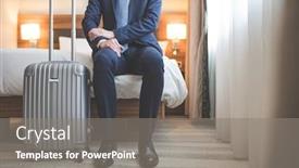  Presentation with suitcase - Slide set featuring young businessman with a suitcase in bedroom background and a gray colored foreground