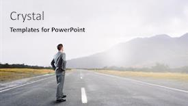  Presentation with asphalt - PPT theme enhanced with young businessman with arms on waist standing on asphalt road background and a sky blue colored foreground