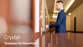  Presentation with plastic - PPT theme with young businessman with baggage holding plastic card by door while going to enter the room after arriving in hotel background and a coral colored foreground