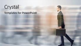  Presentation with people lost money fired businessman - PPT theme consisting of young businessman with briefcase hurry background and a light gray colored foreground