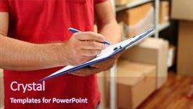  Presentation with warehouse - PPT layouts enhanced with young businessman with clipboard at warehouse background and a crimson colored foreground