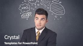  Presentation with bubbles feedback survey words speech - PPT theme consisting of young businessman with drawn speech background and a dark gray colored foreground