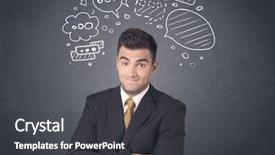  Presentation with bubbles feedback survey words speech - Cool new PPT layouts with young businessman with drawn speech backdrop and a  colored foreground