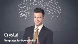  Presentation with bubbles feedback survey words speech - Slide set featuring young businessman with drawn speech background and a  colored foreground