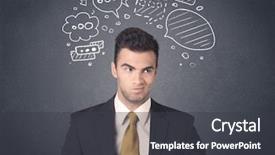  Presentation with bubbles feedback survey words speech - Slide deck with young businessman with drawn speech background and a  colored foreground