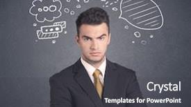  Presentation with bubbles feedback survey words speech - Audience pleasing PPT layouts consisting of young businessman with drawn speech backdrop and a  colored foreground