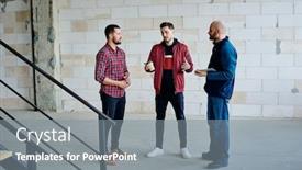  Presentation with discussion - Audience pleasing presentation consisting of young-businessman-with-drink-explaining backdrop and a gray colored foreground