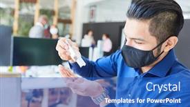  Presentation with corona virus - PPT theme enhanced with young-businessman-with-face-mask background and a teal colored foreground