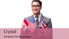  Presentation with lgbt diversity rainbow flag isolated - Cool new slide deck with young businessman with flag isolated backdrop and a coral colored foreground