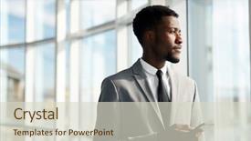  Presentation with gadget - Beautiful PPT theme featuring young businessman with gadget looking through window on sunny day backdrop and a soft green colored foreground