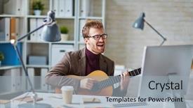  Presentation with guitar - Audience pleasing presentation theme consisting of young businessman with guitar singing in front of computer backdrop and a light gray colored foreground