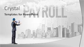  Presentation with payroll - PPT theme having young-businessman-with-hard-hat background and a white colored foreground