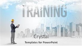  Presentation with new opportunity - PPT layouts having young-businessman-with-hard-hat background and a white colored foreground