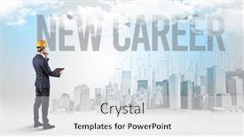  Presentation with new opportunity - Colorful presentation design enhanced with young-businessman-with-hard-hat backdrop and a white colored foreground