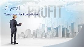  Presentation with hat - Presentation design with young-businessman-with-hard-hat background and a sky blue colored foreground