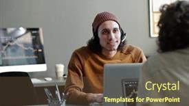  Presentation with front office - Presentation consisting of young-businessman-with-headset-looking background and a tawny brown colored foreground