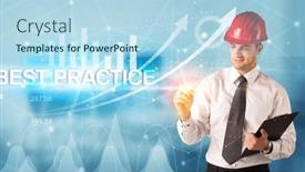  Presentation with best practice - Slide deck with young-businessman-with-helmet-drawing background and a light blue colored foreground