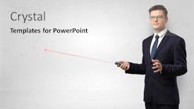  Presentation with pointer - Colorful PPT theme enhanced with young businessman with laser pointer and copyspace white wall backdrop and a white colored foreground