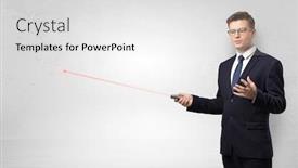  Presentation with pointer - Theme having young businessman with laser pointer and copyspace white wall background and a white colored foreground