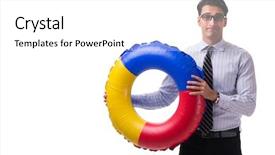  Presentation with orange life buoy splash water - Presentation theme enhanced with young businessman with life buoy background and a white colored foreground