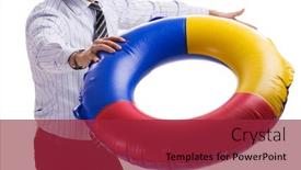  Presentation with life - Amazing PPT theme having young businessman with life buoy isolated on white background backdrop and a red colored foreground