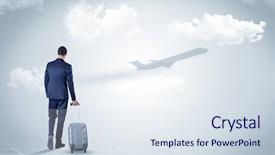  Presentation with luggage - Slide deck with young businessman with luggage walking background and a sky blue colored foreground