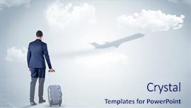  Presentation with luggage - Cool new PPT theme with young businessman with luggage walking backdrop and a sky blue colored foreground