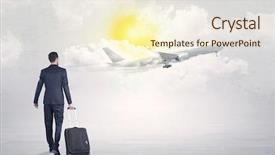  Presentation with luggage - Slide deck with young businessman with luggage walking background and a  colored foreground