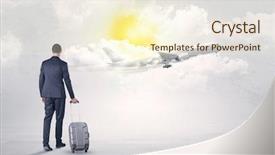  Presentation with luggage - Cool new slide set with young businessman with luggage walking backdrop and a  colored foreground