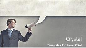  Presentation with announcing - Cool new PPT theme with young businessman with megaphone announcing some information backdrop and a gray colored foreground