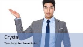  Presentation with open an account - PPT layouts having young businessman with open hand background and a  colored foreground