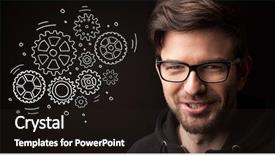  Presentation with centrifugal rotating equipment - Presentation theme with young businessman with rotating gear background and a  colored foreground