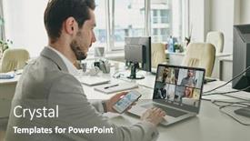  Presentation with front desk - Presentation theme enhanced with young-businessman-with-smartphone-sitting background and a gray colored foreground