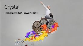  Presentation with mechanism - Cool new PPT layouts with young-businessman-with-suitcase-riding backdrop and a light gray colored foreground