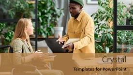  Presentation with front desk - PPT theme featuring young-businessman-with-tablet-explaining background and a  colored foreground