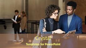  Presentation with discussion - Theme enhanced with young-businessman-with-tablet-looking background and a coral colored foreground