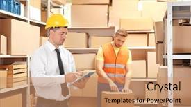  Presentation with warehouse - Colorful slide deck enhanced with young-businessman-with-tablet backdrop and a  colored foreground