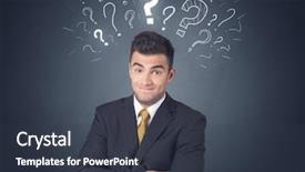  Presentation with question marks - Beautiful slide deck featuring young-businessman-with-white-question backdrop and a tawny brown colored foreground