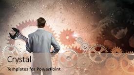  Presentation with mechanism - PPT layouts enhanced with young businessman with wrench against mechanism background background and a coral colored foreground