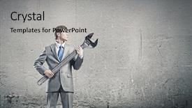  Presentation with mechanism - Amazing presentation theme having young businessman with wrench against mechanism background backdrop and a light gray colored foreground