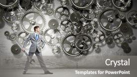  Presentation with mechanism - Presentation theme featuring young businessman with wrench against mechanism background background and a gray colored foreground