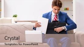  Presentation with home - Beautiful PPT theme featuring young businessman working at home backdrop and a mint green colored foreground