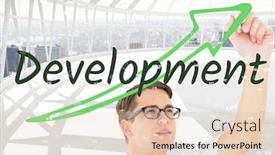  Presentation with development - PPT layouts enhanced with young businessman writing development with up arrow in the office background and a lemonade colored foreground