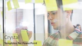  Presentation with sticky notes - Audience pleasing slide deck consisting of young businessman writing on sticky notes in office backdrop and a soft green colored foreground