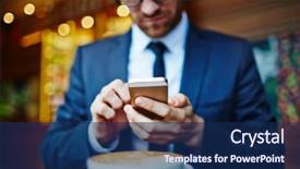  Presentation with sms - Theme having young businessman writing sms in cafe background and a navy blue colored foreground