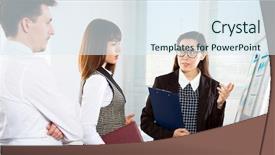  Presentation with cooperative cooperation at new project - Audience pleasing presentation design consisting of young businessmen discussing a new backdrop and a sky blue colored foreground