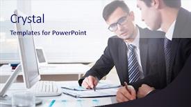  Presentation with project kick off meeting - Audience pleasing slide deck consisting of young businessmen discussing new project backdrop and a sky blue colored foreground