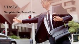  Presentation with taxi - Amazing PPT theme having young businessmen hailing for a taxi backdrop and a coral colored foreground