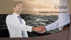  Presentation with stormy sea - Amazing presentation design having young businessmen shaking hands in office against stormy sea with lighthouse backdrop and a lemonade colored foreground